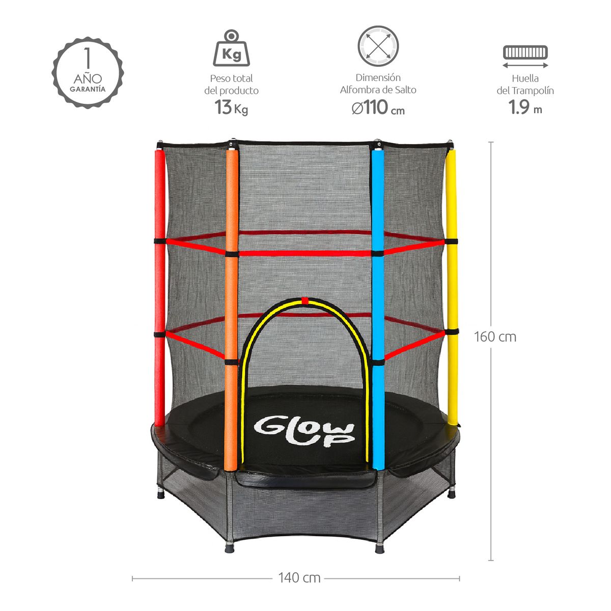 GLOWUP - Cama Elástica GlowUp 1,40 x 1,60 mt 4,5 Ft Malla Seguridad Superior