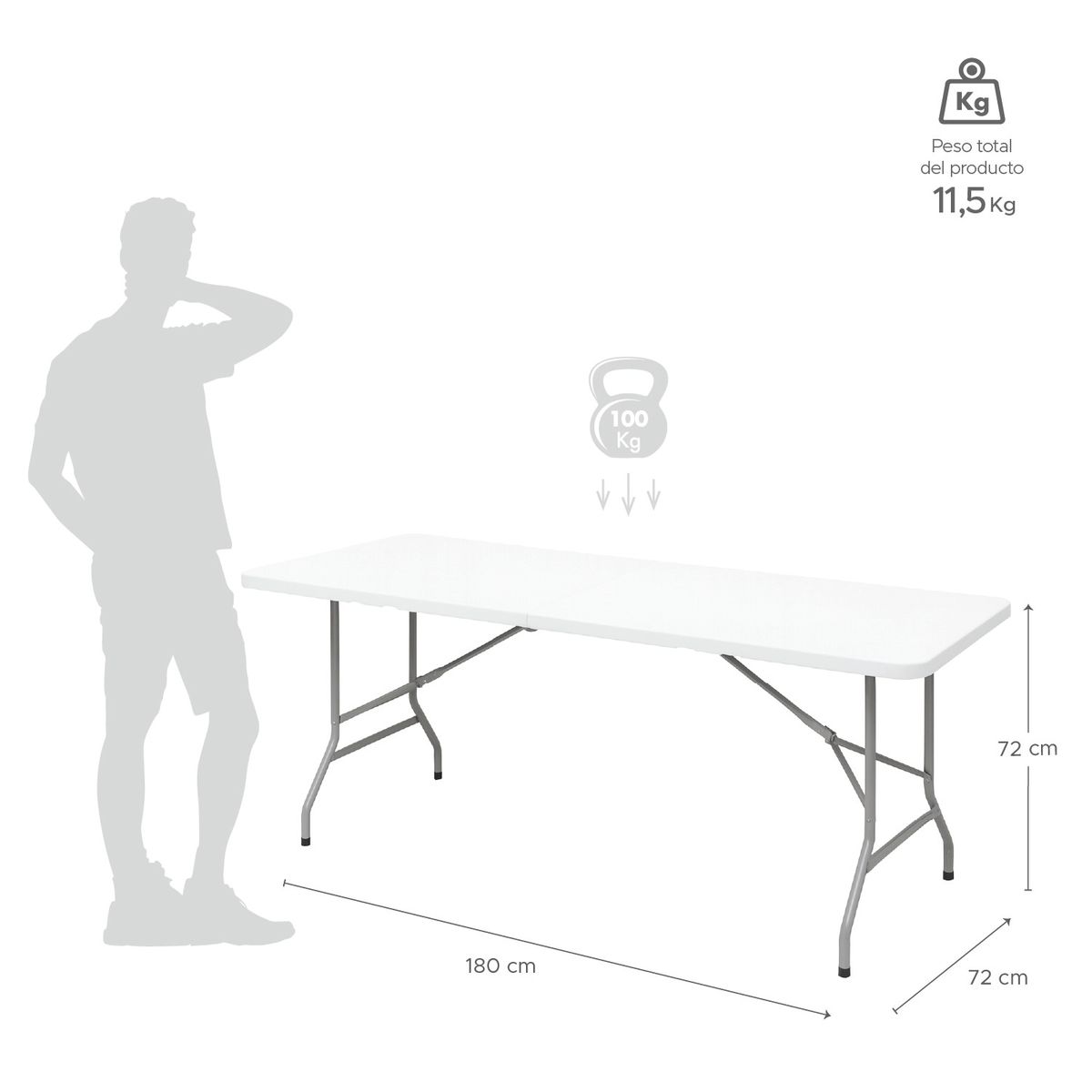 VINCENZI - Mesa Plegable Tipo Maleta Blanca 180x72x72 cm Vincenzi
