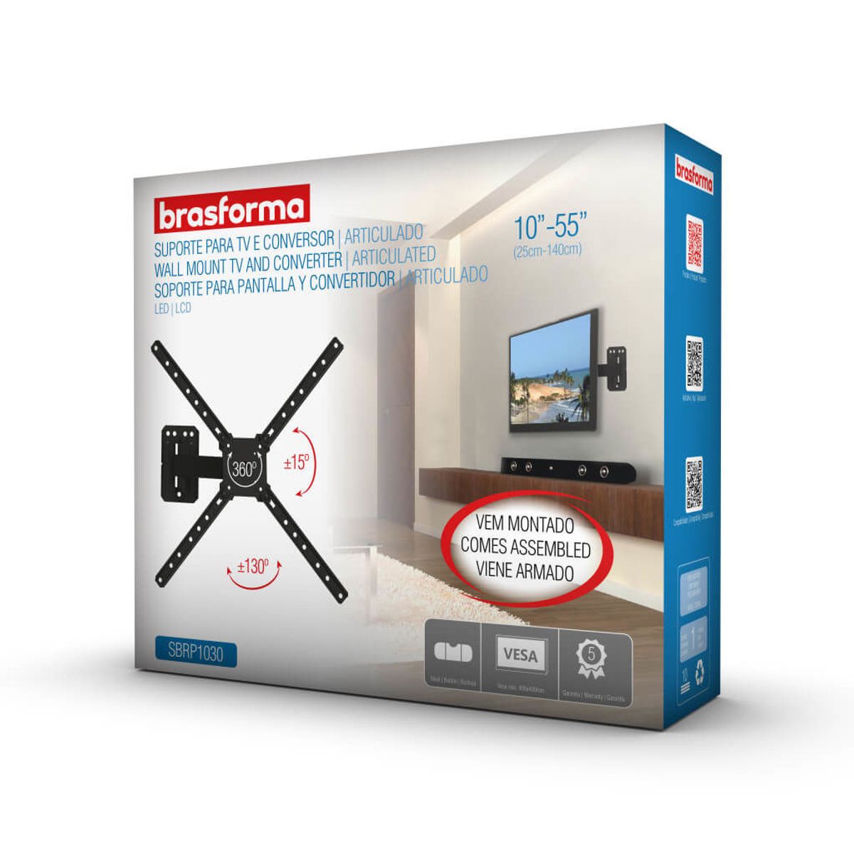 BRASFORMA - Soporte TV brazo articulado 19cm 10 a 60 - 360° SPRP1030 Brasforma