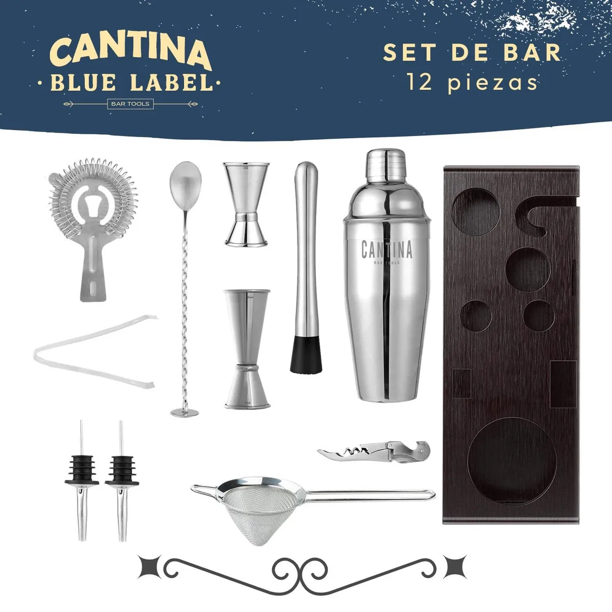 CASATUA - Coctelera Set Bartender Bar 12 Piezas Inoxidable Base Madera