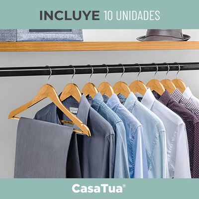 Imagen 2 del producto Colgadores De Ropa Madera Set 10 Ganchos Antideslizantes