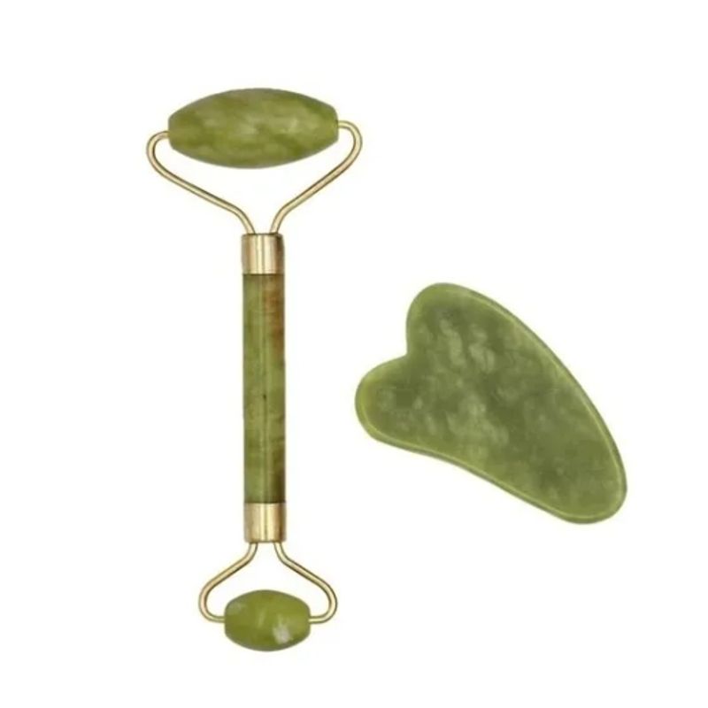 GENERICO - Rodillo Cuarzo Verde Jade Set Más Piedra Gua Sha