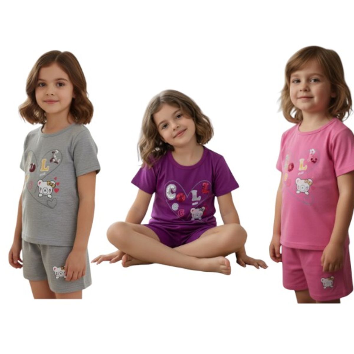 GENERICO - Pack 3 Pijamas Niña Manga Corta Algodón Diseños Variados.