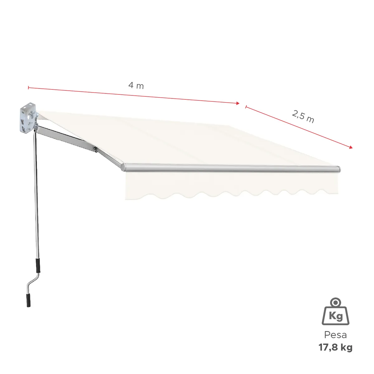 VINCENZI - Toldo con brazo retráctil Terrazas 4x25 Mts Blanco