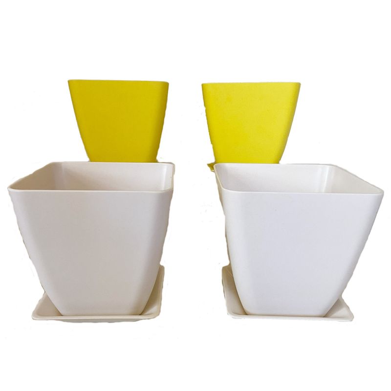 DECOGREEN - SET DE 4 MACETEROS CUADRADOS BIODEGRADABLES DE BAMBOO CON PLATO 2 BLANCOS Y 2 AMARILLOS