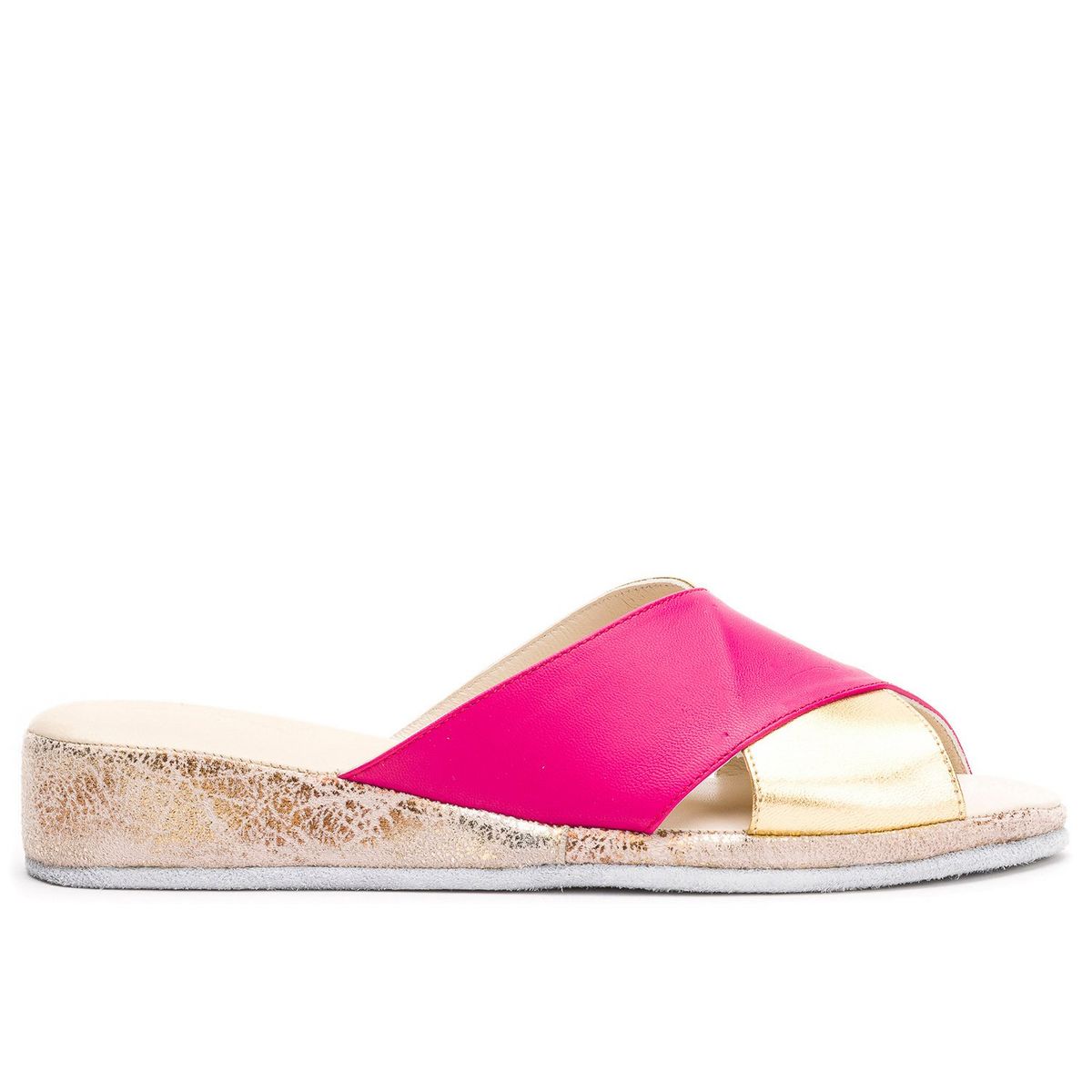 SUAVECITO - Pantufla Cuero Pluma Fucsia Dorado Suavecito