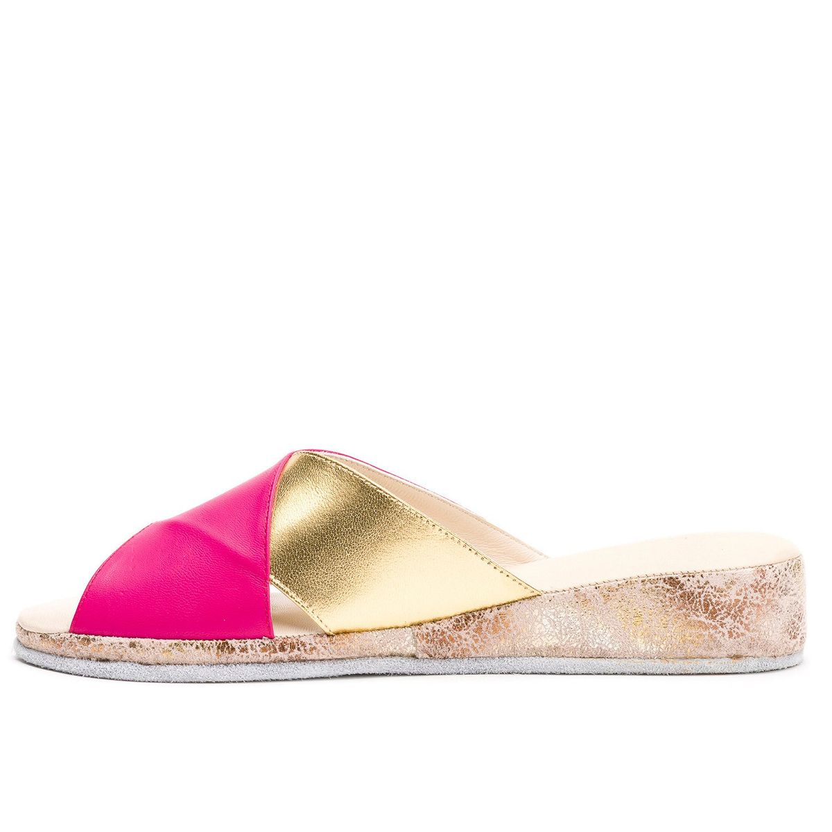 SUAVECITO - Pantufla Cuero Pluma Fucsia Dorado Suavecito