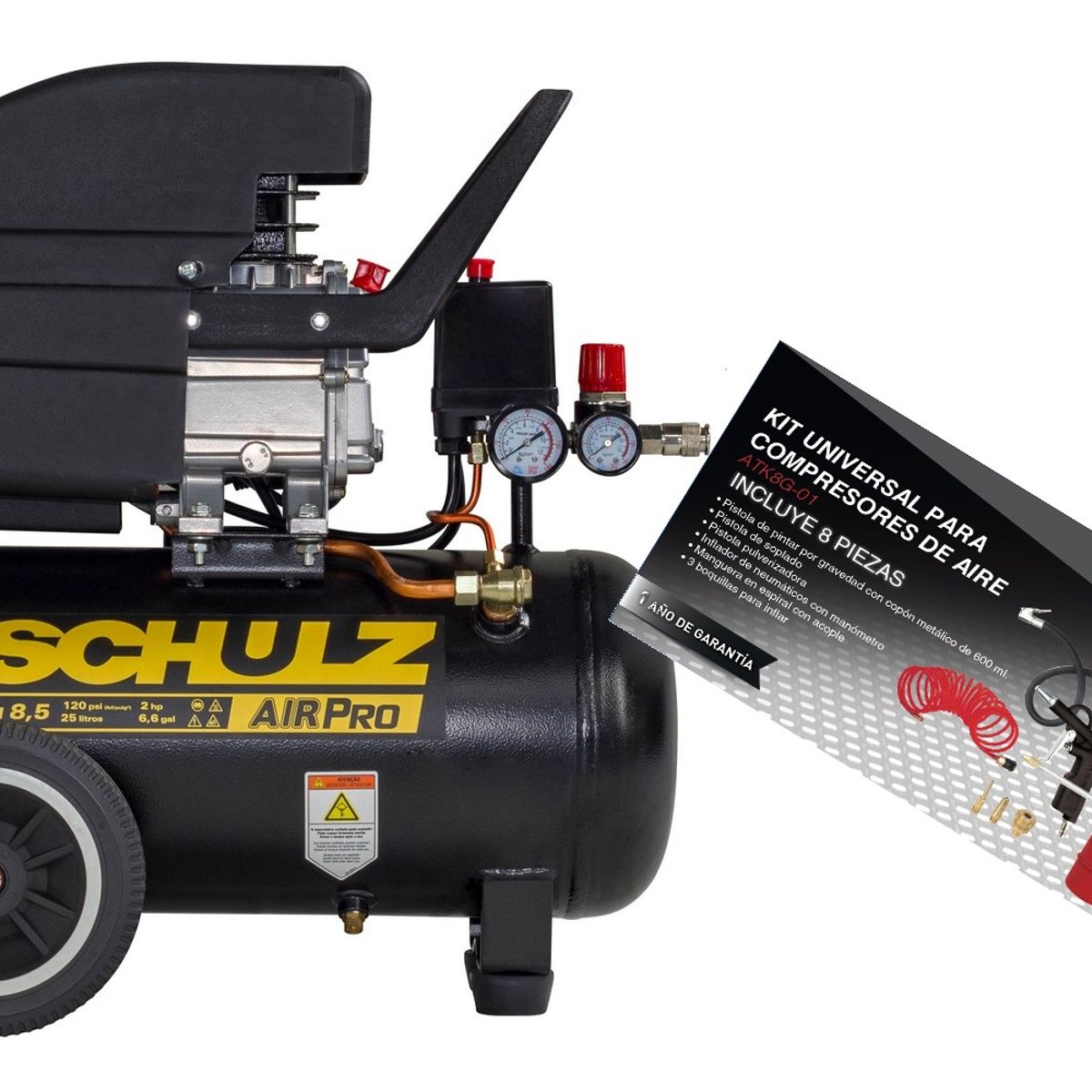 SCHULZ - Kit de Compresor de aire 2HP, 25 litros + Set 8 Accesorios.