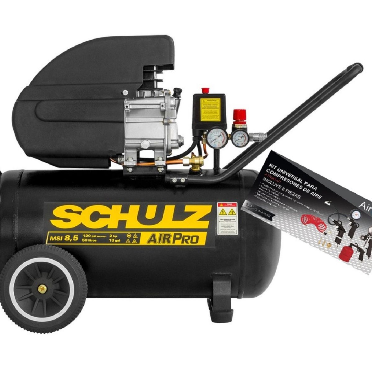 SCHULZ - Kit de Compresor de aire 2HP, 50 litros + Set 8 Accesorios.