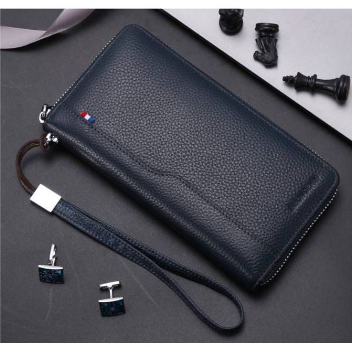 GENERICO - Chequera Gruesa Cuero Genuino Lujo Bison Denim Mod Acordeón