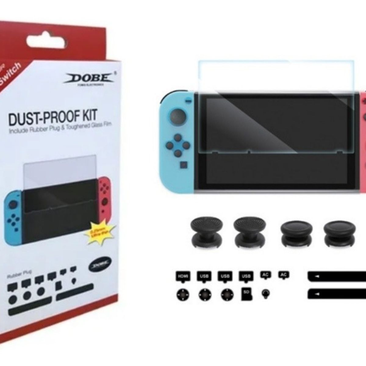 DOBE - Kit Protector Anti Polvo Nintendo Switch Lámina Mica + Goma