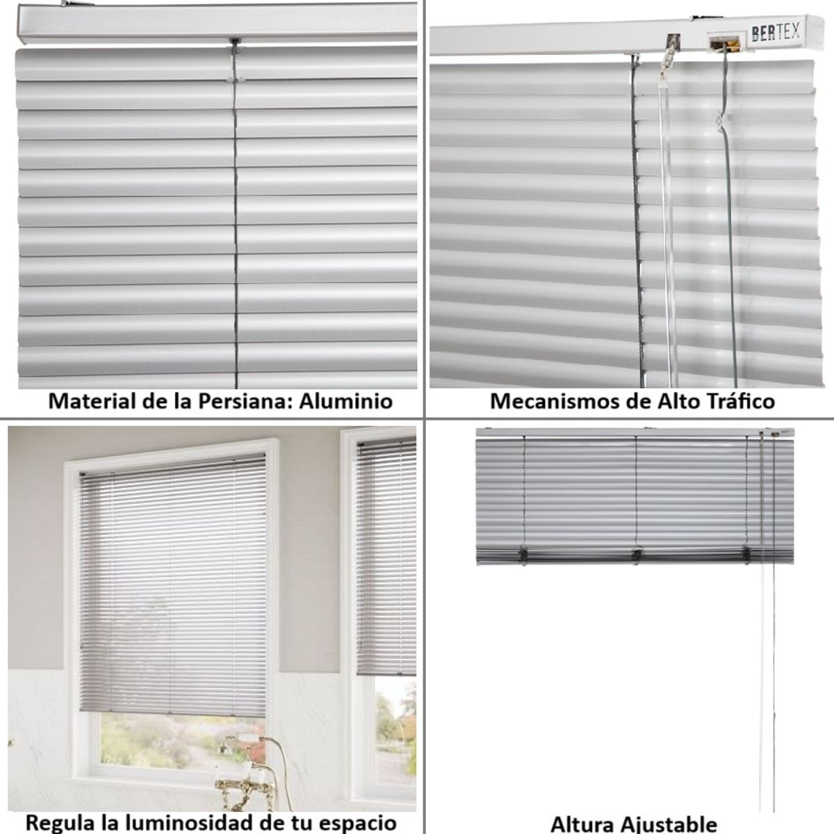 BERTEX - Persiana de aluminio Plata 85cm ancho x 140cm alto Láminas 25mm BERTEX