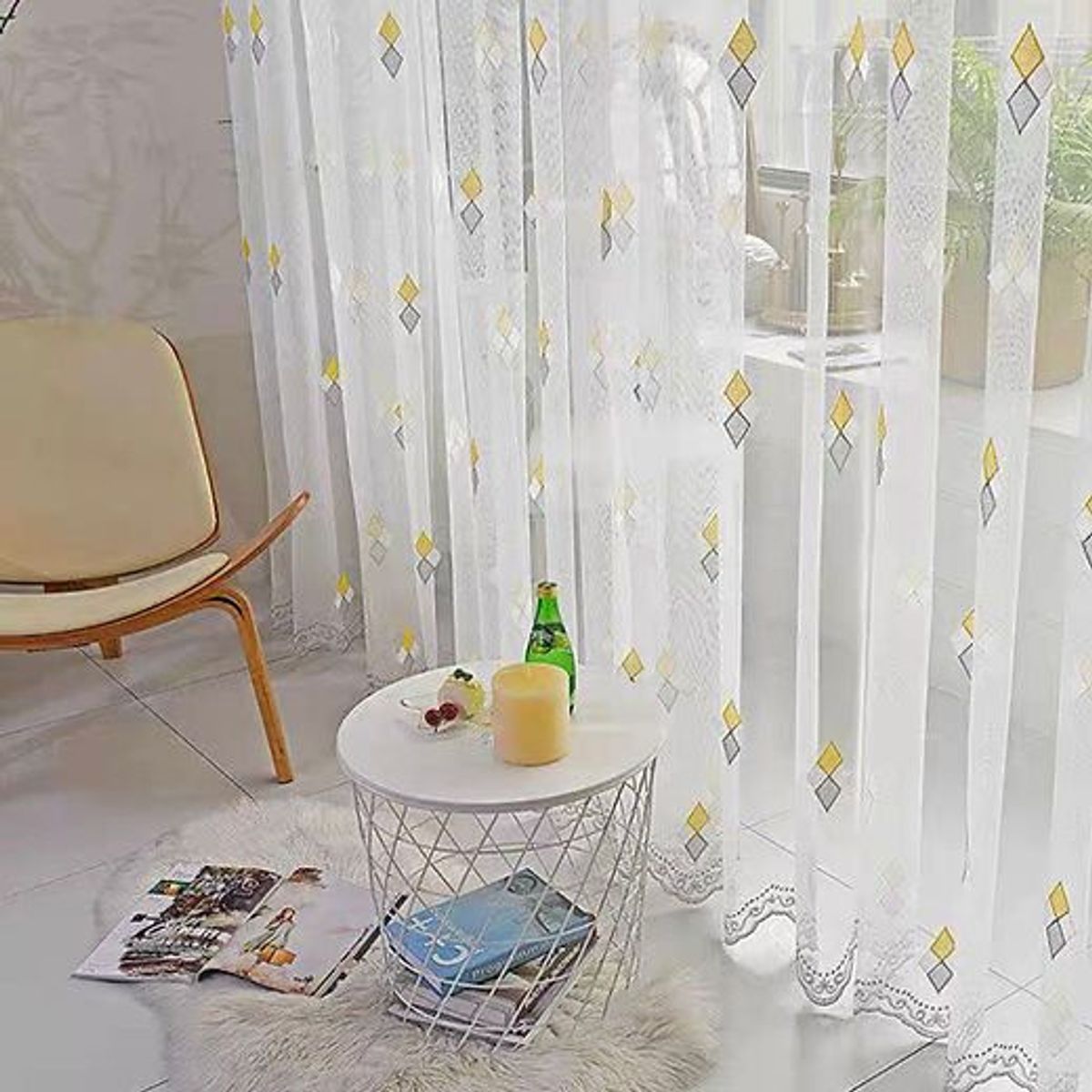 GENERICO - Cortina Visillo/Velo 140 x 235 cm - Blanco Rombos