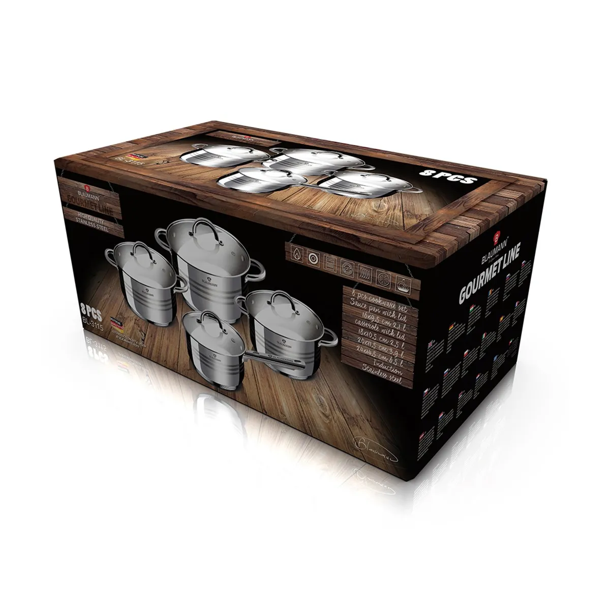 BLAUMANN - SET DE BATERIA 8 PIEZAS LINEA GOURMET  ACERO INDUCCION