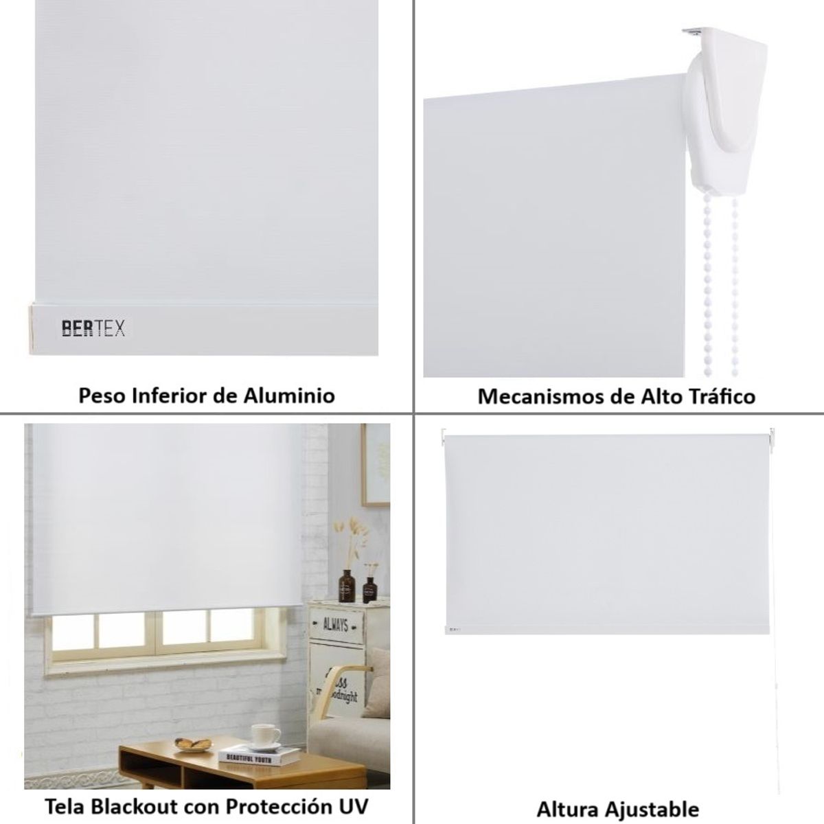 BERTEX - Cortina Roller Blackout Blanca 165x170 cm Persiana de altura ajustable