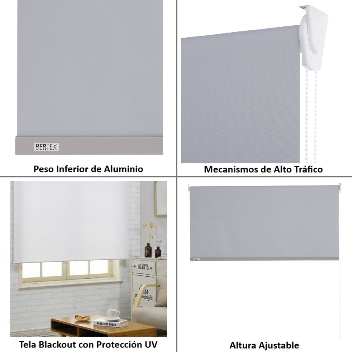 BERTEX - Cortina Roller Blackout Gris 100x170 cm Persiana de altura ajustable