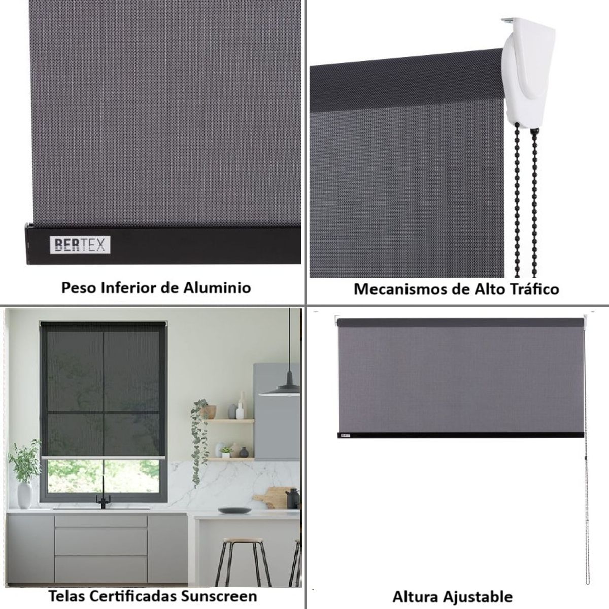 BERTEX - Cortina Roller Sunscreen Grafito 190x240 cm Persiana de alto ajustable