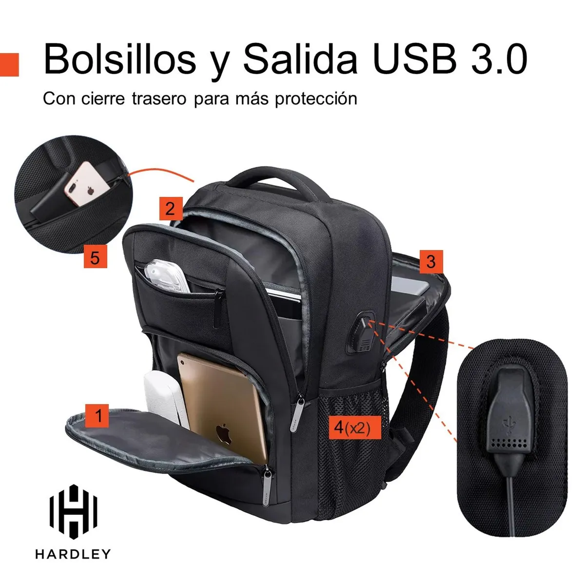 HARDLEY - Mochila Notebook Impermeable Antirrobo Nylon Balistico Usb