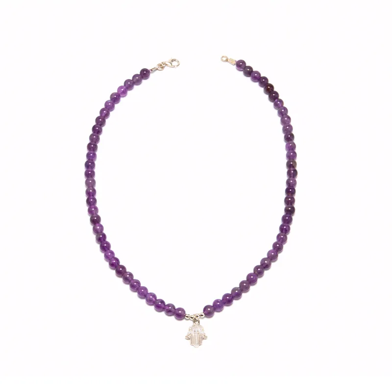 MCPTIENDATALLER - Collar de piedras amatista y mano de Fátima