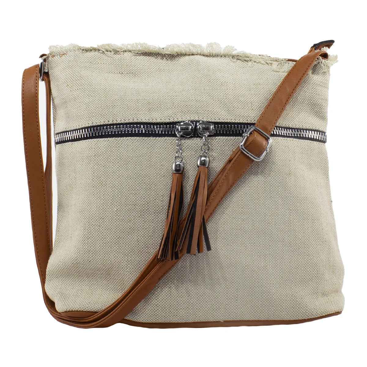 MAILEA - Bandolera lona 2 cierres para mujer beige