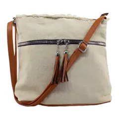 MAILEA - Bandolera lona 2 cierres para mujer beige