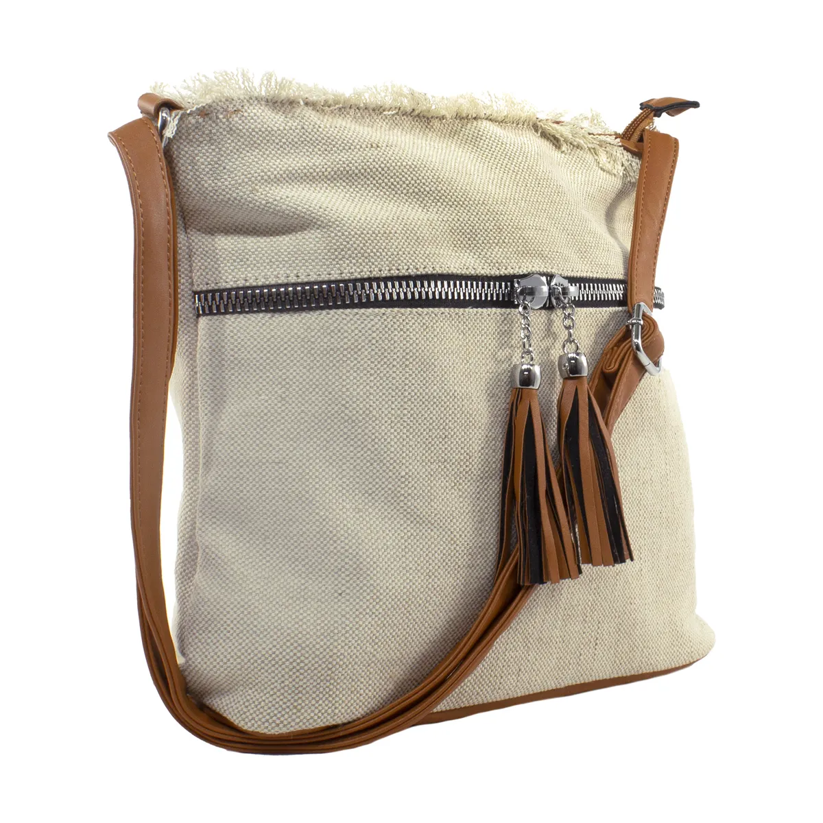 MAILEA - Bandolera lona 2 cierres para mujer beige