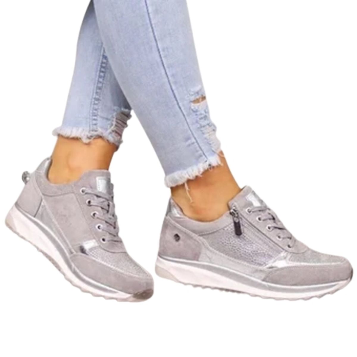 GENERICO - Zapatillas Planas con Cuña Cremallera y cordones para Mujer