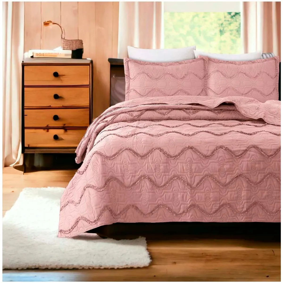 GENERICO - Cubrecama Bordado Premiun 1.5 Plazas Rosado.