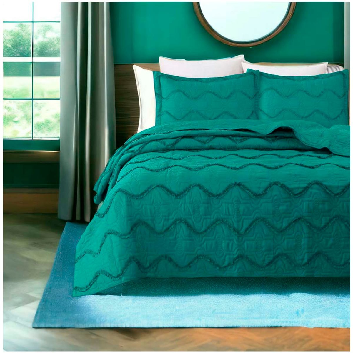 GENERICO - Cubrecama Bordado Premiun 1.5 Plazas Verde.