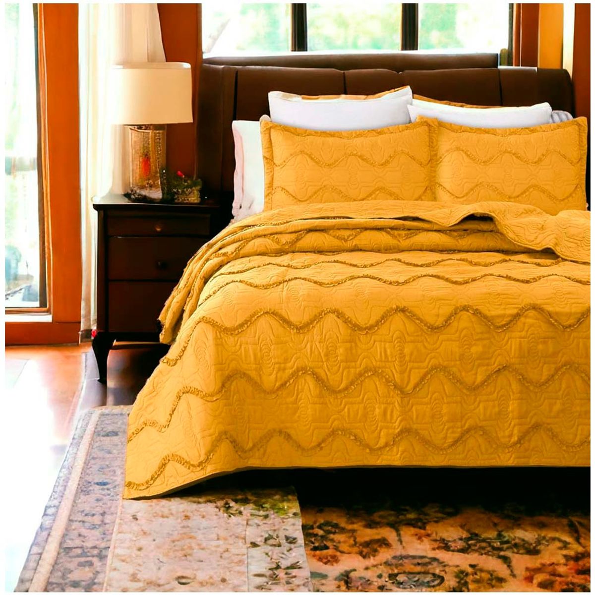 GENERICO - Cubrecama Bordado Premiun 2 Plazas Mostaza.