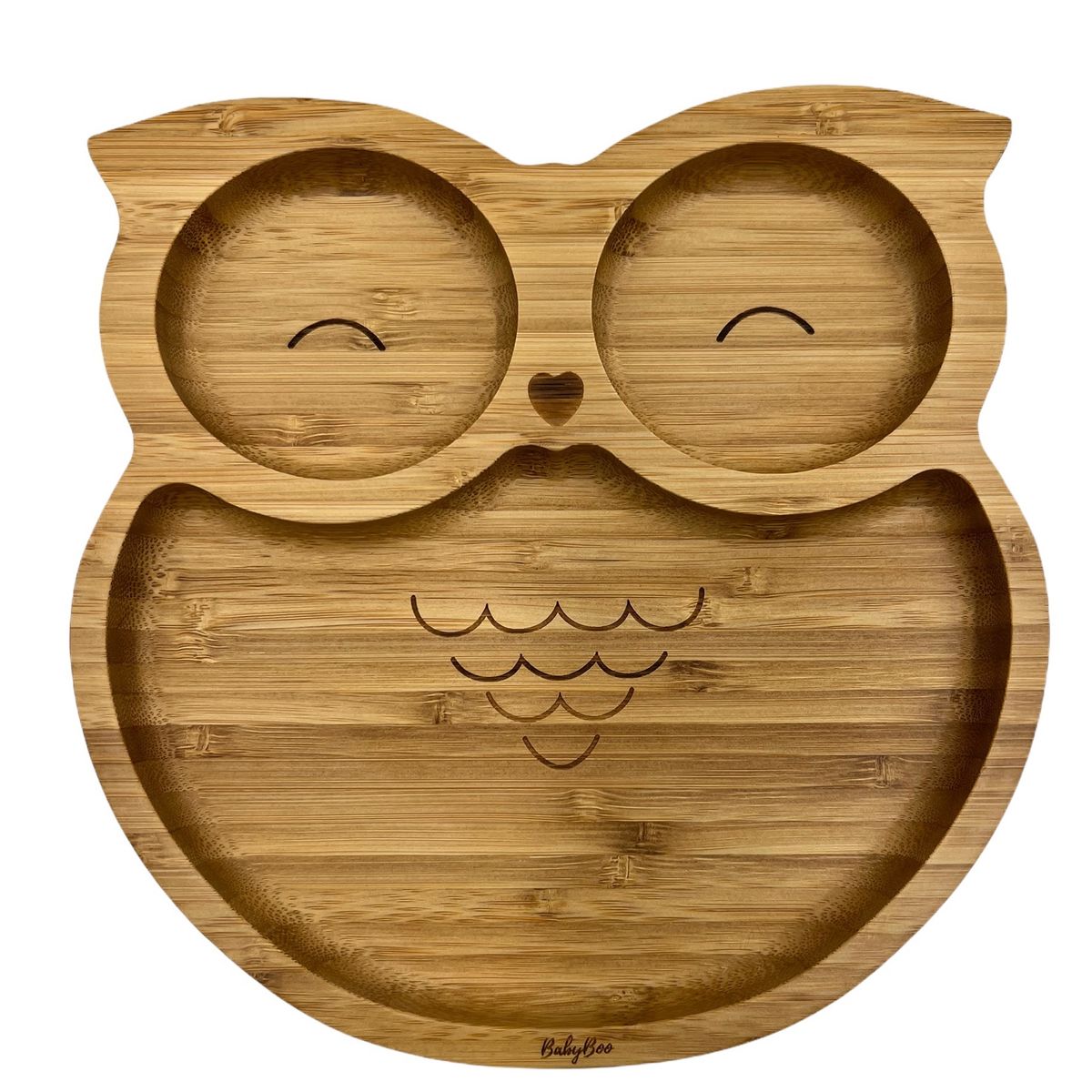 BABYBOO - Plato de bambú con succión adherente en forma búho rosado y cuchara