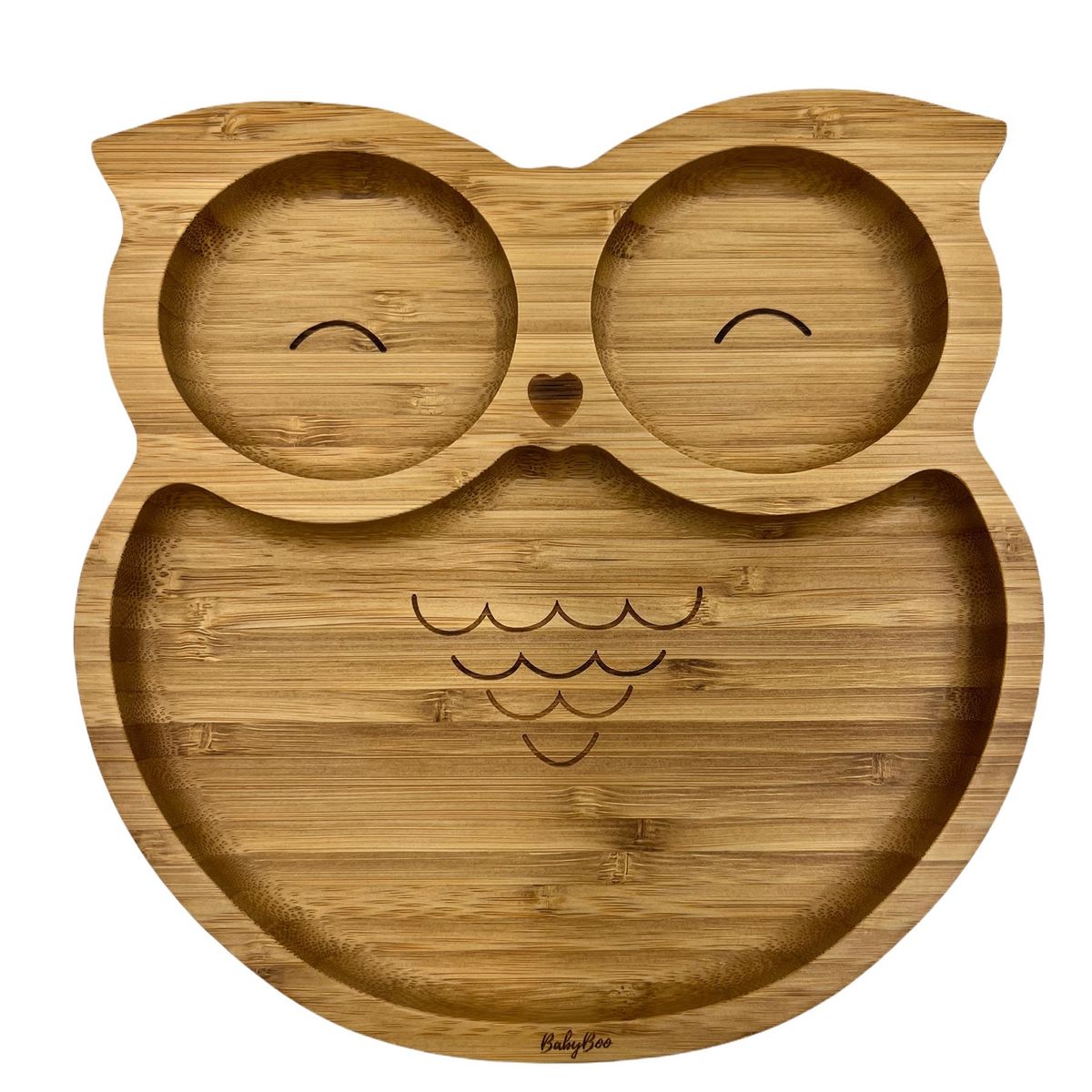 BABYBOO - Plato de bambú con succión adherente en forma búho rosado y cuchara