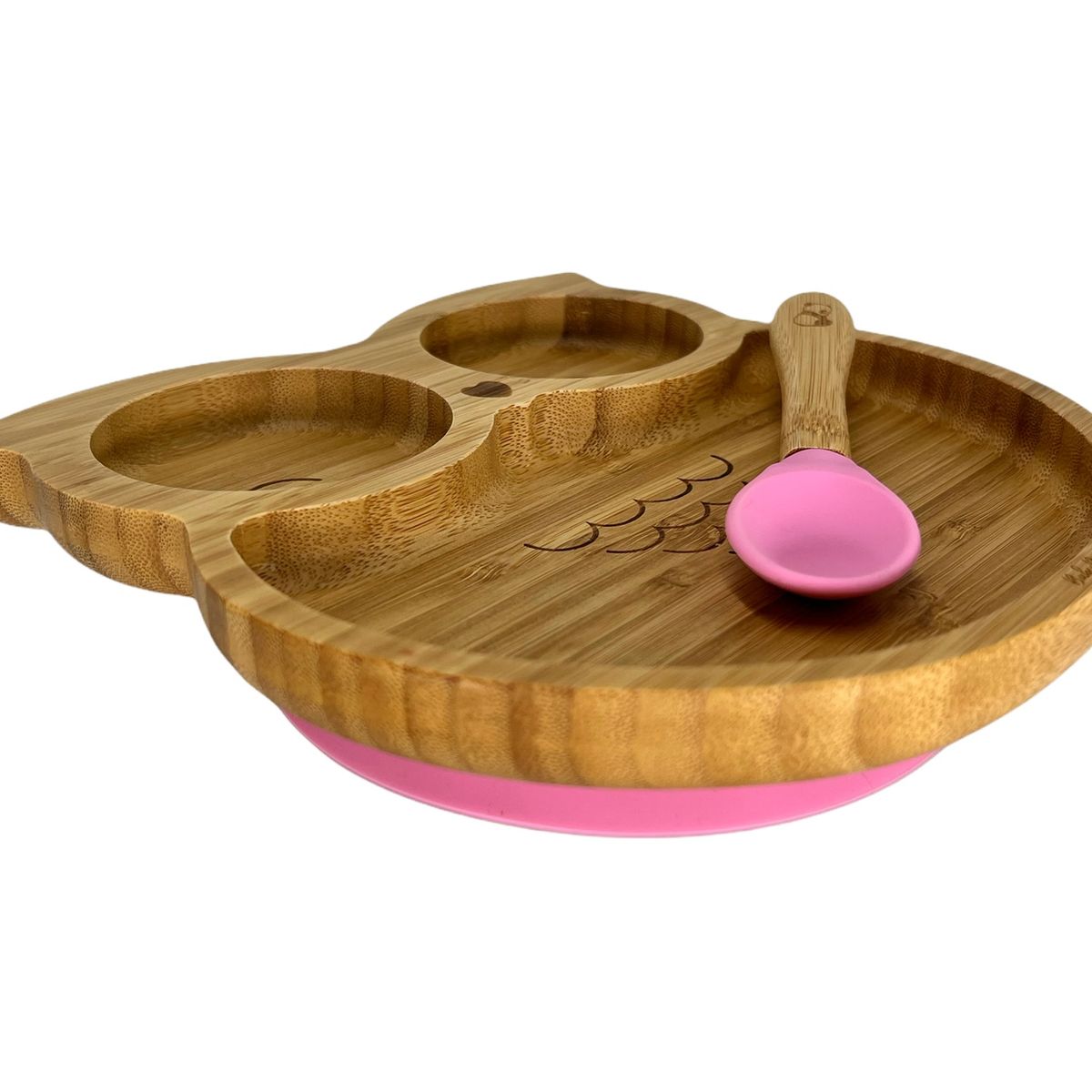 BABYBOO - Plato de bambú con succión adherente en forma búho rosado y cuchara