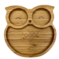 BABYBOO - Plato de bambú con succión adherente en forma búho naranjo y cuchara