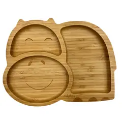 BABYBOO - Plato de bambú con succión adherente en forma hipopótamo amarillo y cuchara