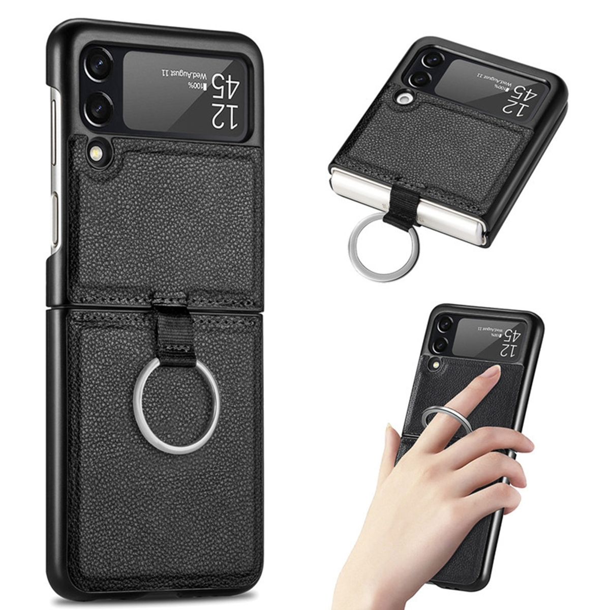 GENERICO - Carcasa Para Samsung Z Flip 3 / Z Flip 4 Cuero Negro Con Anillo
