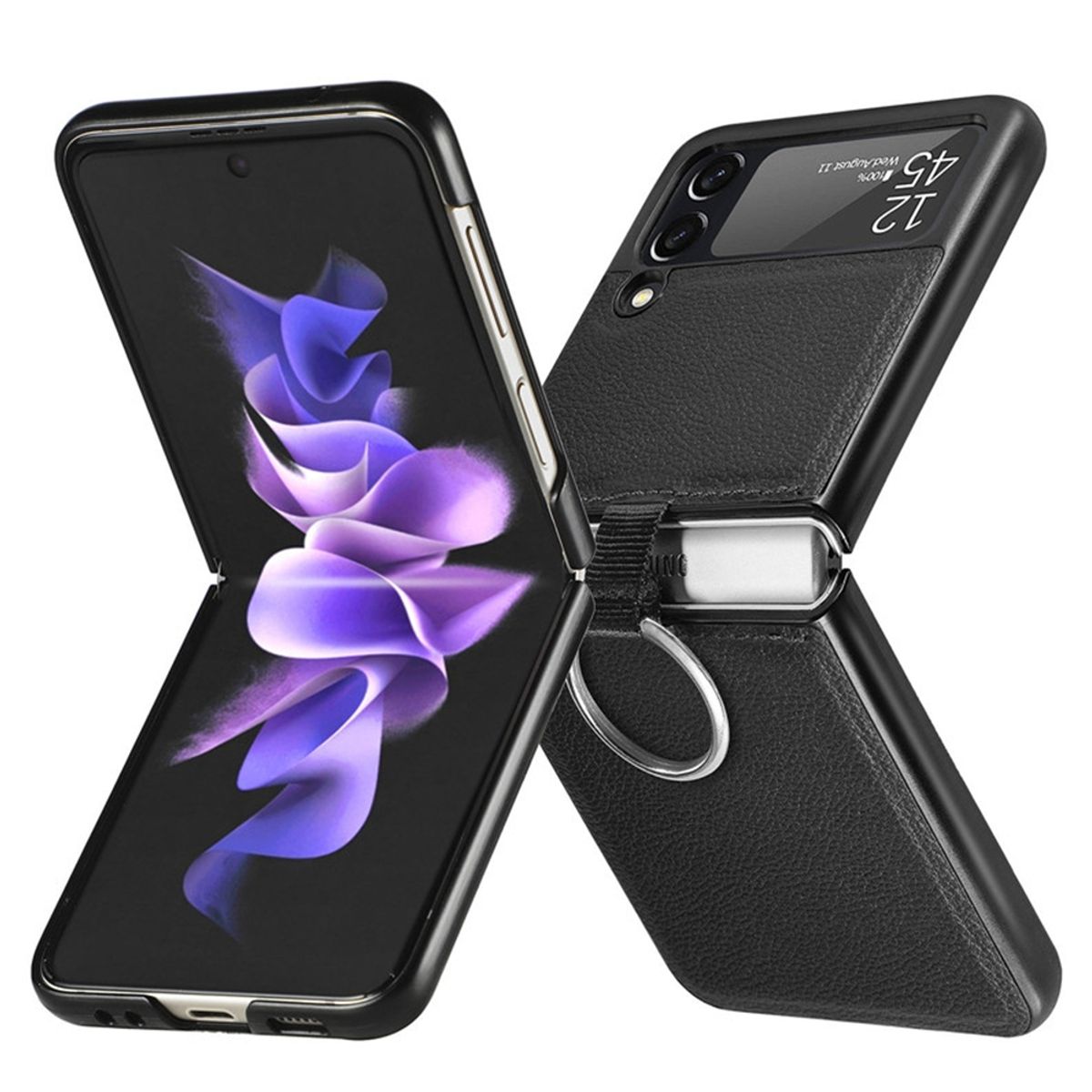 GENERICO - Carcasa Para Samsung Z Flip 3 / Z Flip 4 Cuero Negro Con Anillo