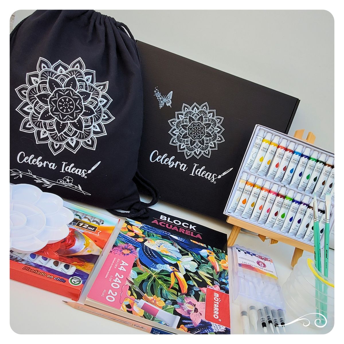 CELEBRA IDEAS - Set kit de arte con pinturas acuarelas 24 colores y pinceles recargables