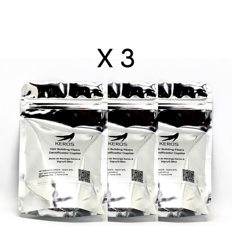 KEROS - NEGRO 3 Recargas Keros Cubre Calvicie  Alopecia Nano Fibras Capilares