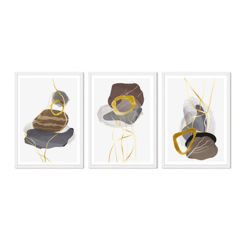 ALCUADRADO - Cuadros Set Triple Abstracto Piedras Doradas Blanco Alcuadrado