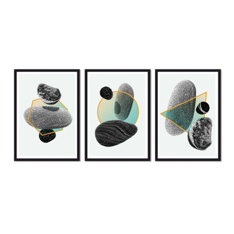 ALCUADRADO - Cuadros Set Triple Abstracto Piedras Lunares Negro Alcuadrado