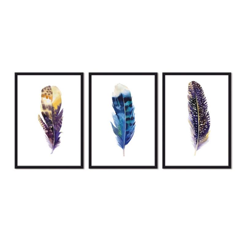 ALCUADRADO - Cuadros Set Triple Abstracto Plumas Negro Alcuadrado