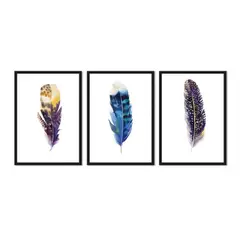 ALCUADRADO - Cuadros Set Triple Abstracto Plumas Negro