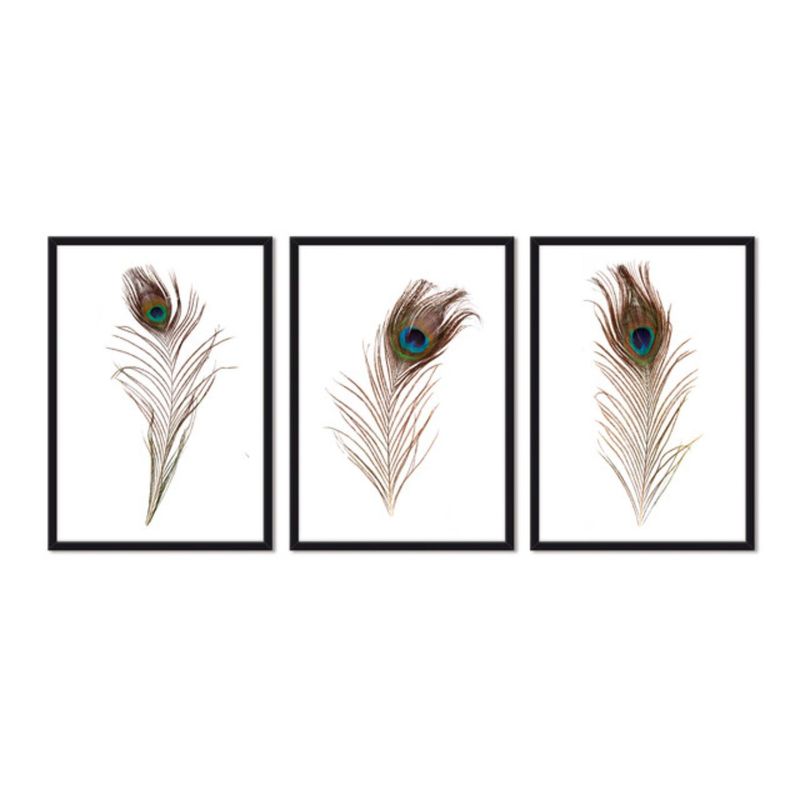 ALCUADRADO - Cuadros Set Triple Abstracto Plumas Real Set Negro Alcuadrado