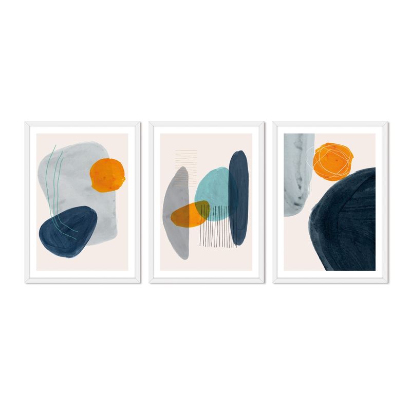 ALCUADRADO - Cuadros Set Triple Abstracto Piedras Amarillas Blanco Alcuadrado