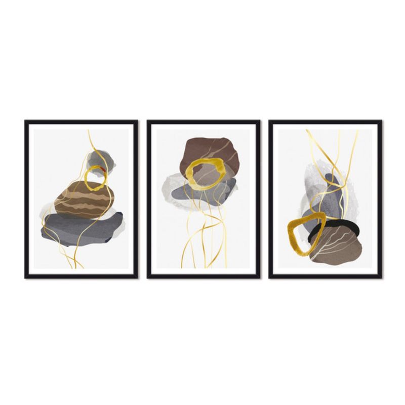 ALCUADRADO - Cuadros Set Triple Abstracto Piedras Doradas Negro Alcuadrado