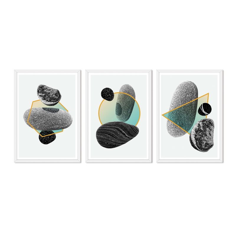 ALCUADRADO - Cuadros Set Triple Abstracto Piedras Lunares Blanco Alcuadrado