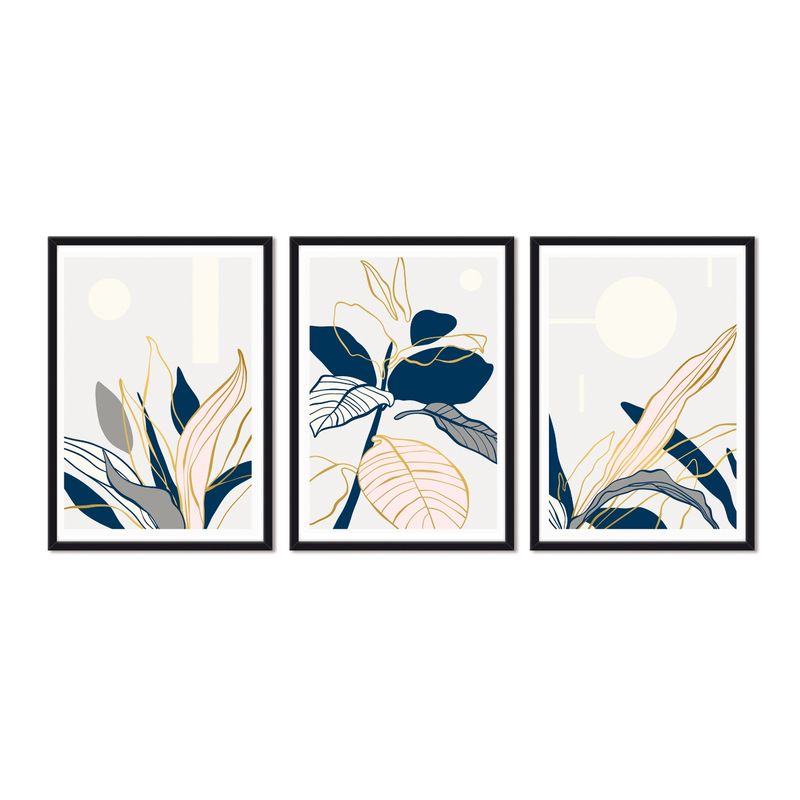 ALCUADRADO - Cuadros Set Triple Plantas Minimal Negro Alcuadrado
