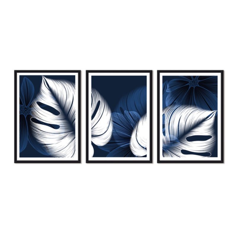 ALCUADRADO - Cuadros Set Triple Plantas Azules Negro Alcuadrado