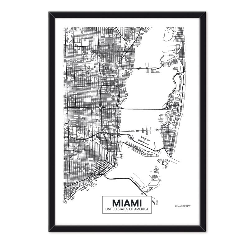 ALCUADRADO - Cuadro Individual Mapa Miami Negro Alcuadrado